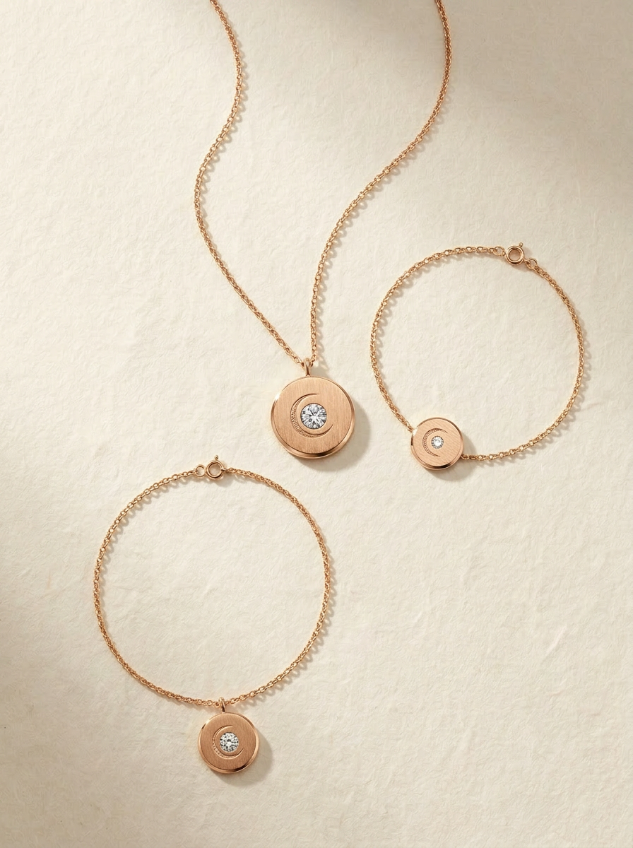 The Lunar Set in solid 14K rose gold — necklace, bracelet, and anklet with the brushed Lunar Medallion charm and round brilliant lab-grown diamond