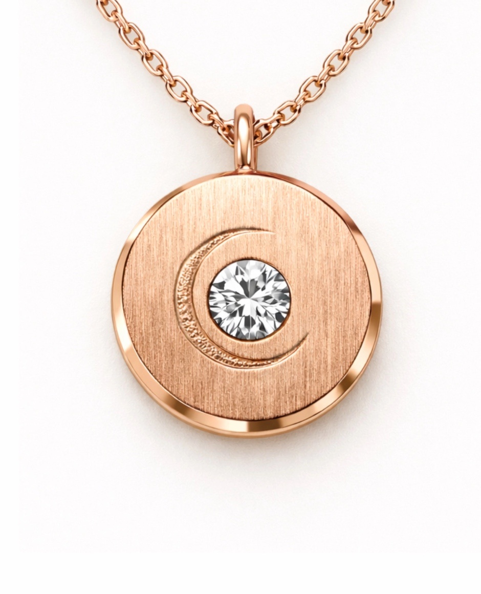 Supplier prototype of the Lunar Medallion in solid 14K rose gold — brushed face with engraved crescent moon and 3mm round brilliant lab-grown diamond